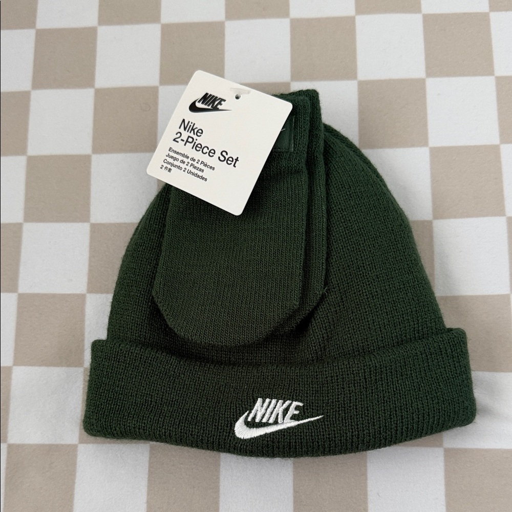 Nike Infant Green Knit Beanie and Mittens Set